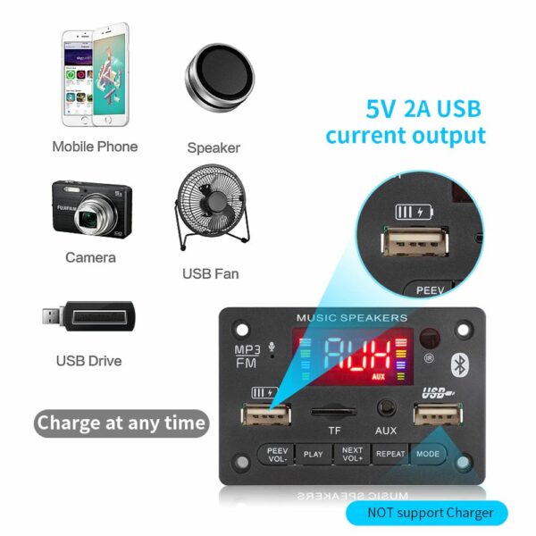 Плата mp3-декодера WMA 5 в 12 В, беспроводной аудиомодуль с поддержкой Bluetooth 5,0, AUX, USB, TF, радио с зарядным портом 5 В, 2 А со встроенным микрофоном — изображение 2